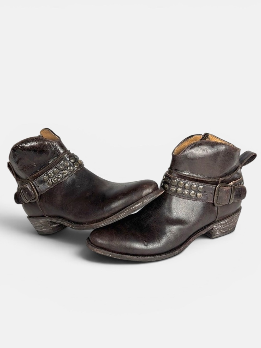 Five Worlds Cordani Serene Studded Cowboy Booties Brown Leather Side Zip 7 1/2